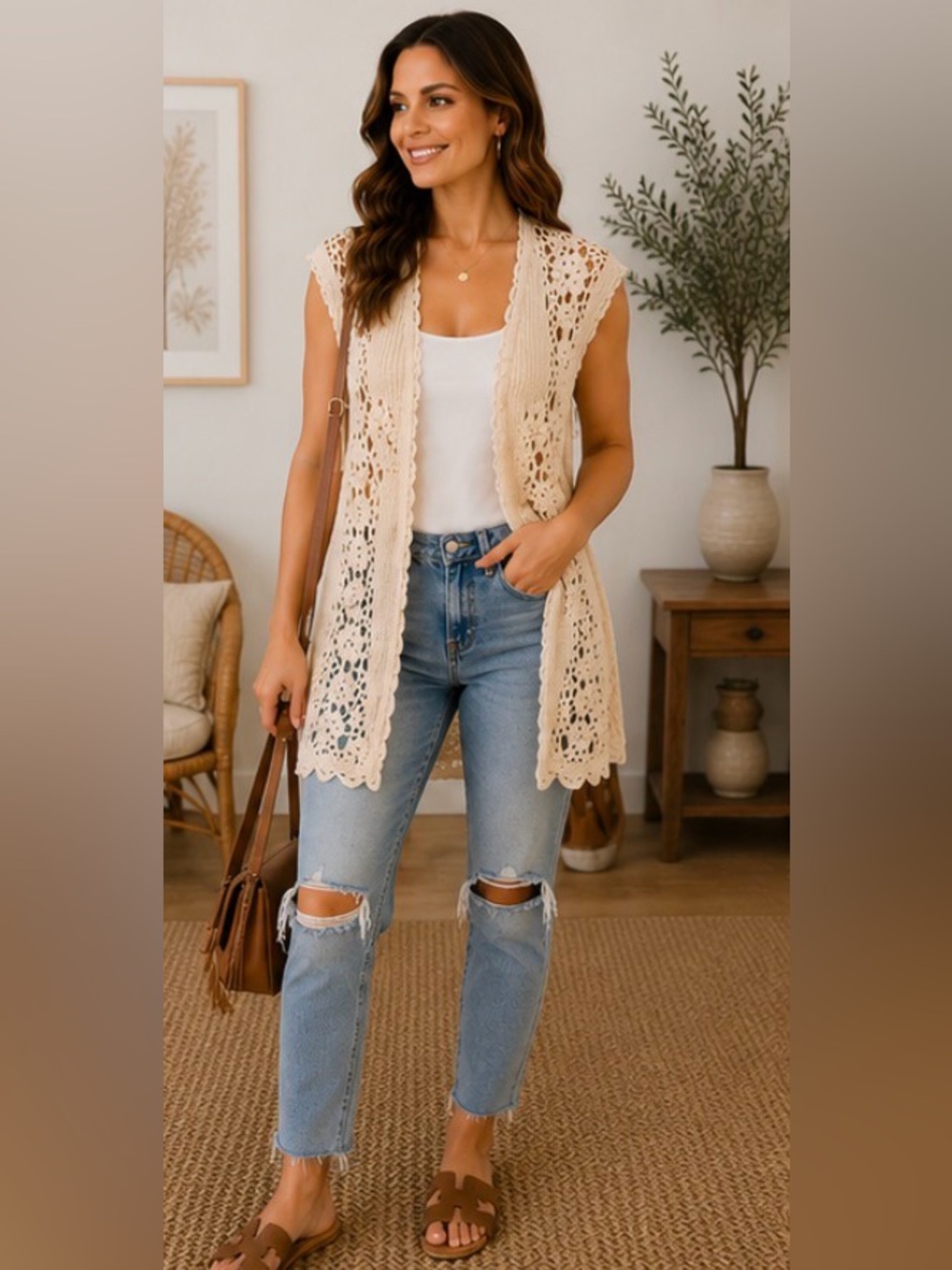 637 Pierre Cardin Crochet Button Front Sleeveless Cardigan Vest Cream XL
